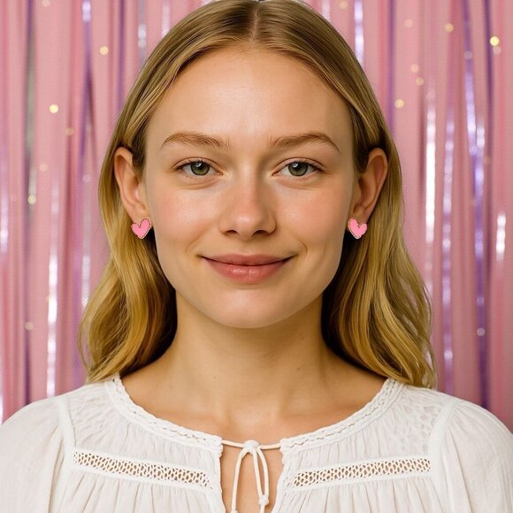 🆕Pink Enamel Heart Stud Earrings Gold Tone Hypoallergenic Gift for Girls & Teen - Picture 4 of 11